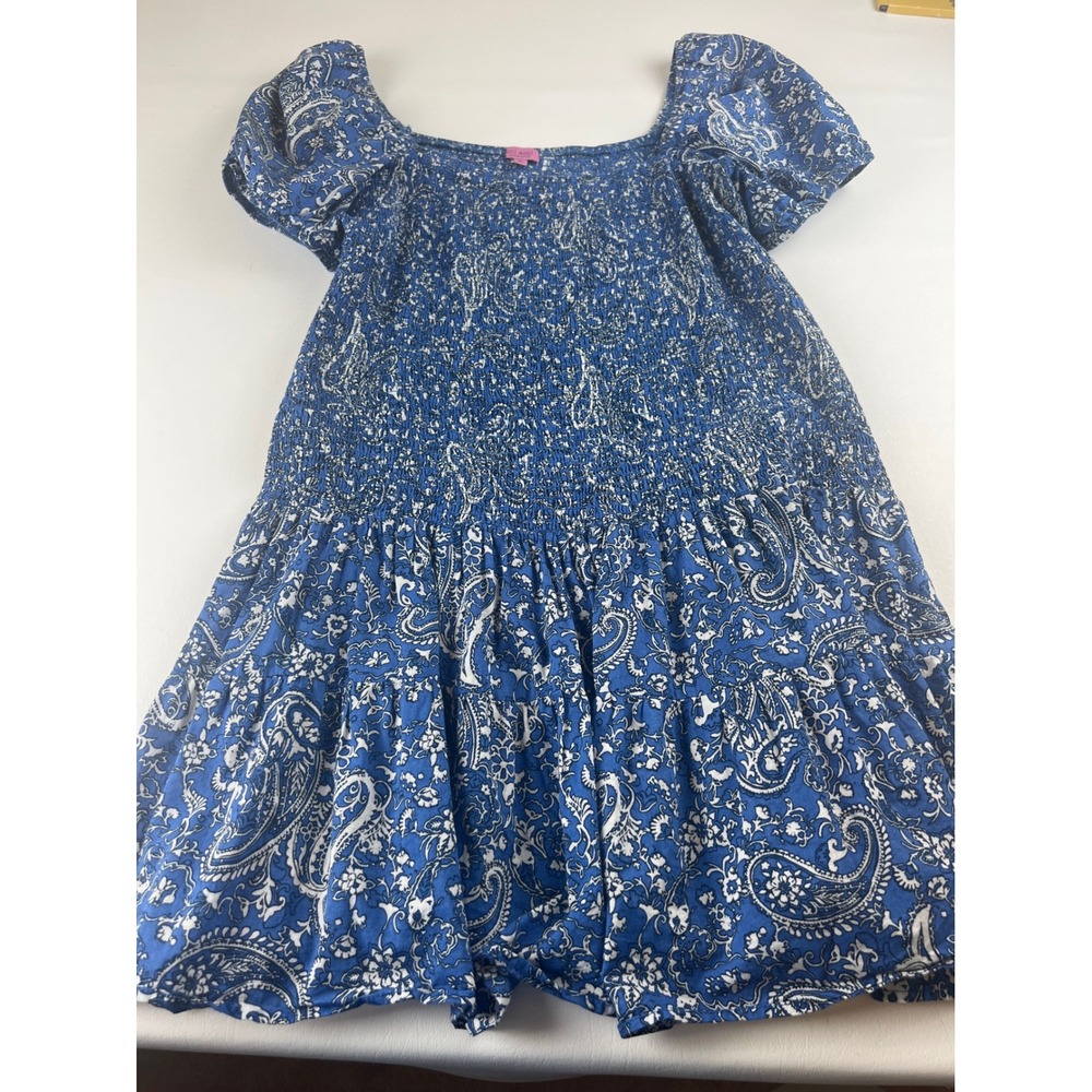 Mi Ami Francesca's Blue Paisley Smocked Puff Sleeve Cotton Mini Dress XL